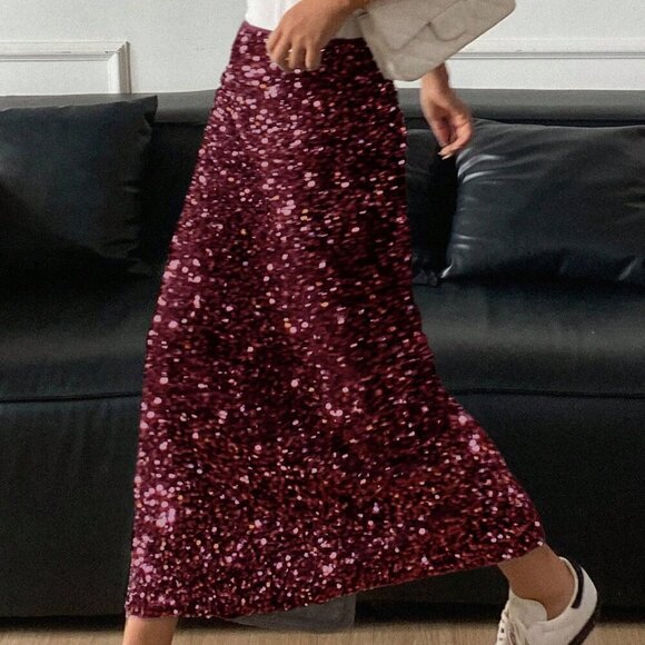 Dresses & Skirts - Burgundy Party Women's Sequin Embellished Elegant Side Slit Skirt